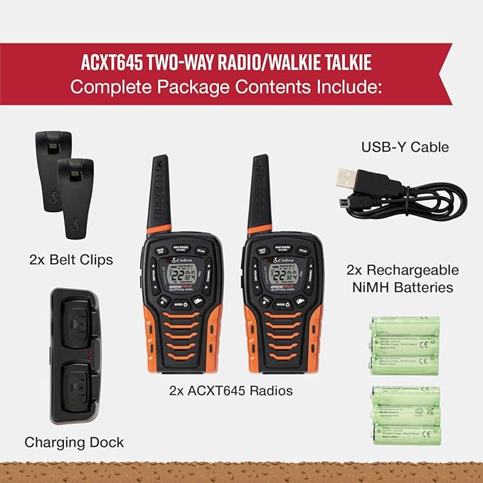 Cobra ACXT645 Waterproof Walkie Talkies for Adults - Rechargeable, 22 Channels, Long Range 35-Mile Two-Way Radio Set (Pack of 2)), Black and Orange, 1.74 x 2.54 x 6.74 inches