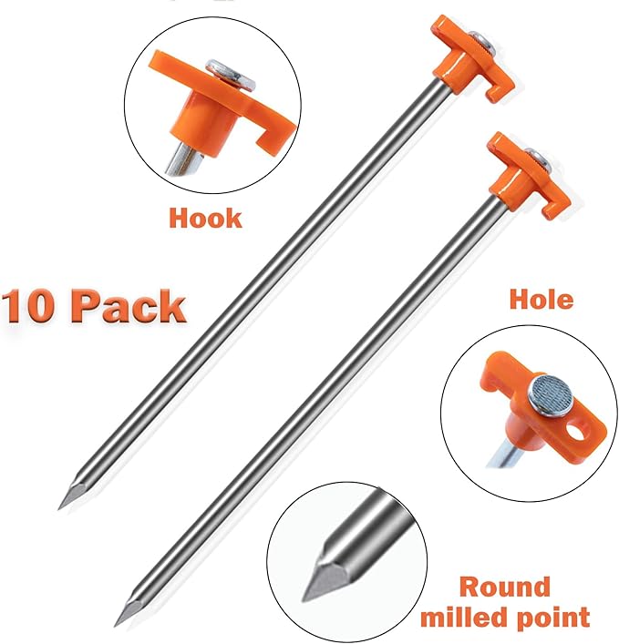 Cheardia 10 Pack Tent Stakes Heavy Duty, 10.25 Inch Yard Stakes Non-Rust Metal Tent Pegs Ground Stakes Tent Spikes for Decorations Camping Patio, Garden, Canopies, Grassland, Outdoor, Orange