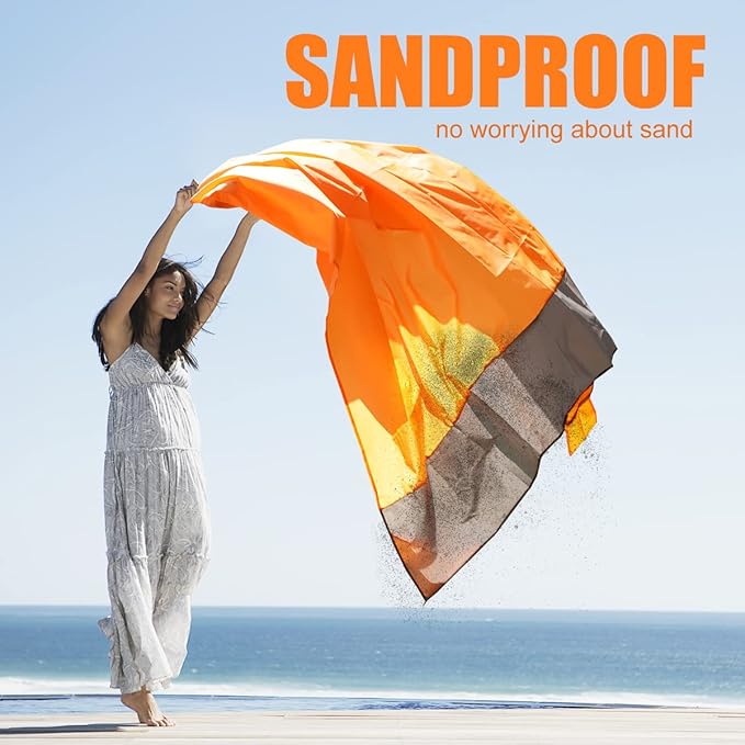 Yonge & Finch Large Beach Blanket Sandproof Heat-Resistent Beach Mat Machine Washable Camp Blanket Packable Pocket Blanket Waterproof Outdoor Blanket Fit 4-7 Persons 83 * 79inch Orange