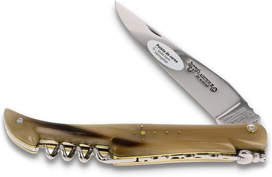 Laguiole en Aubrac Handmade Knife 12 cm Corkscrew L0612PCLF, Full Horn tip Handle, Blade Stainless Steel Shiny