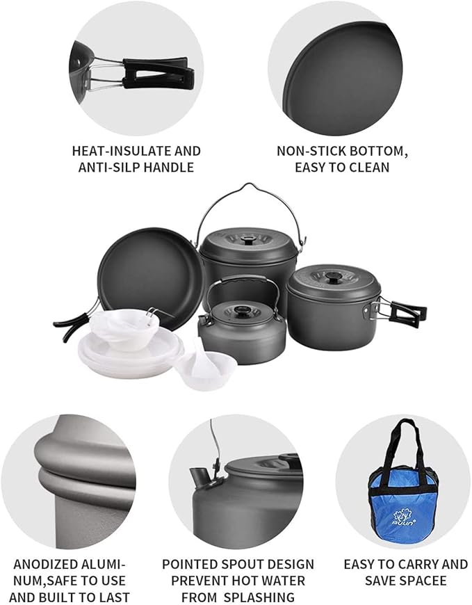 Bulin 24/13/11/8/4 PCS Camping Cookware Mess Kit Lightweight Backpacking Cooking Set Outdoor Cook Gear for Family Hiking, Picnic(Kettle, Pot, Frying Pan, Bowls, Plates, Spoon)