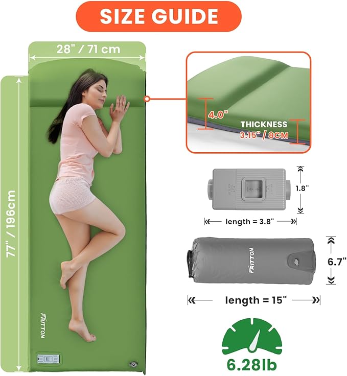 Self Inflating Sleeping Pad with Built-in Electric Pump, 3.15” Thick Memory Foam Camping Mattress, Fast Inflating Camping Sleeping Pad with Pillow, 4 Season Insulated Sleeping Pad for Camping, Tent