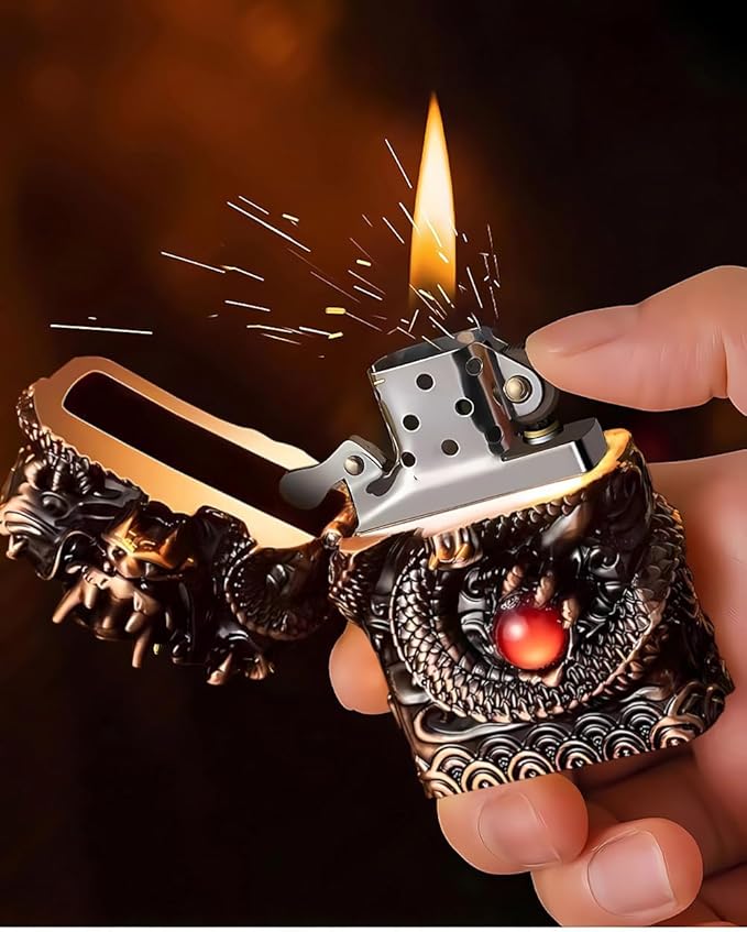 Dragon Lighter Premium Kerosene Soft Flame Lighter with Adjustable Flame, Refillable, Windproof and Pocket Size for Outdoor Camping, Travel, and Household Use (Bronze)