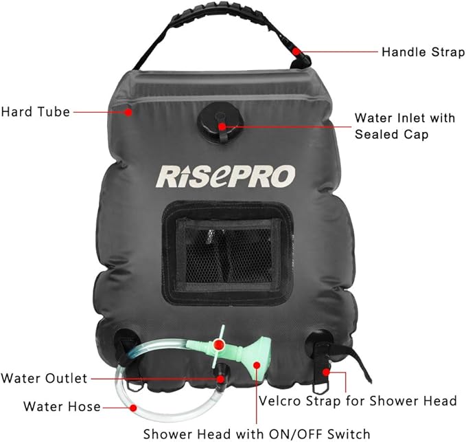 Solar Shower Bag, RISEPRO 5 gallons/20L Solar Heating Premium Camping Shower Bag Hot Water with Temperature 45°C Removable Hose on/Off Switchable Shower Head Hiking Climbing Summer Shower K8