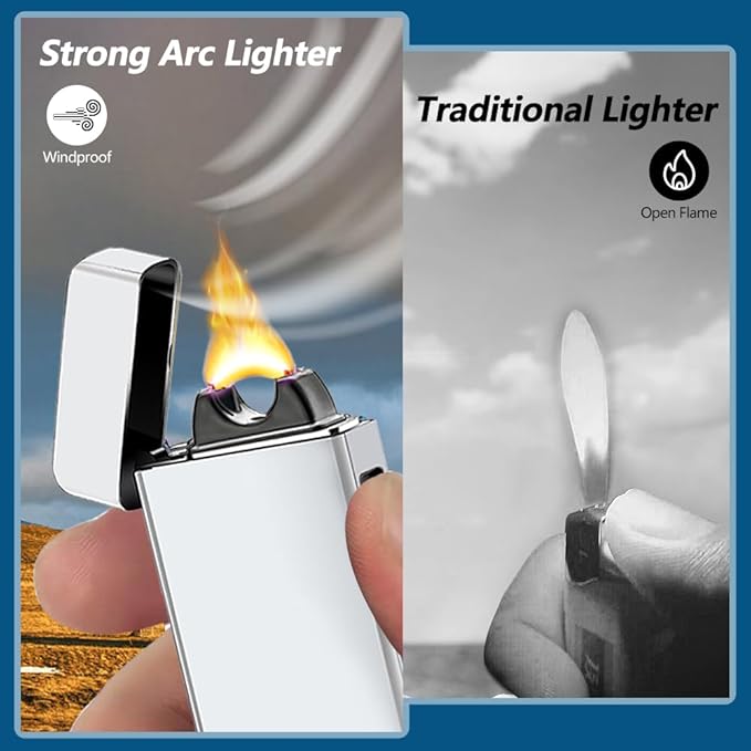 SKRFIRE Electric Lighters Candle Lighter Rechargeable USB Lighter Plasma Arc Big Flame Lighter with LED Battery Indication for Ignition, Candle, Incense, BBQ (Silver)