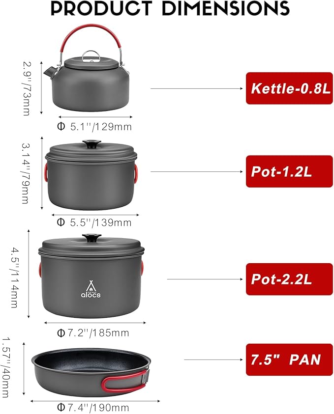 Alocs Camping Cookware Set,Durable Aluminum Camping Cooking Set, Compact Camping Pots and Pans Set with Kettle, Non-Stick Camping Pan Camping Essentials for Outdoor Cooking, Hiking, and Picnics.