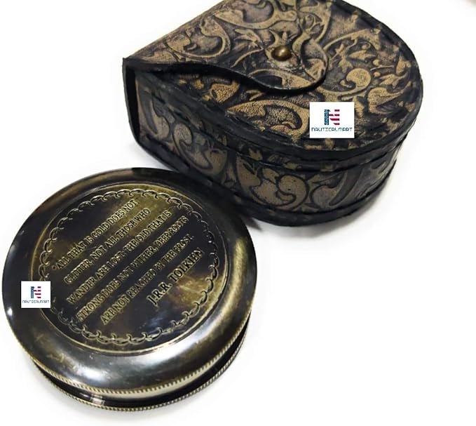 Antique Nautical Vintage Directional Magnetic Engraved Compass Leather Case Graduation Day, Baptism, Communion, Confirmation Day, Motivational Loved Ones, Son, Father, Partner J.R.R. Tolkien