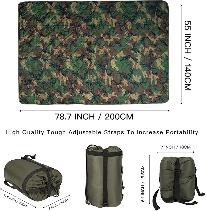 Military Poncho Liner 55”x 79” Camping Blanket Woobie Compact Waterproof for Travel Stadium Outdoor Camping