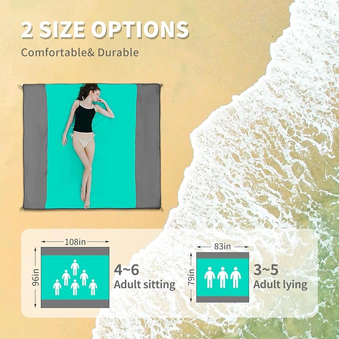 Beach Blanket, 83''*79''(210 * 200cm) Waterproof Sandproof Picnic Blankets for 3-5 Adults, Oversized Lightweight Beach Mat, Big & Compact Picnic Mat for Travel, Camping, Hiking, Beach