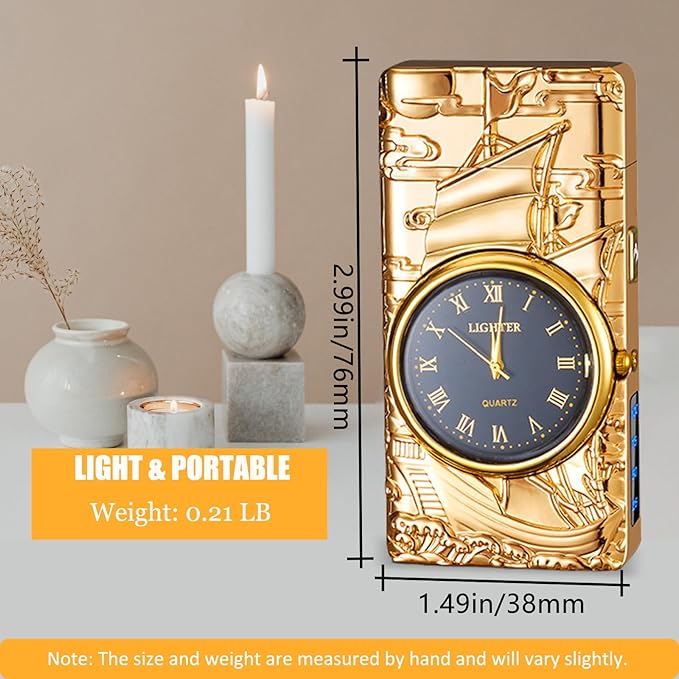 Cool Lighter with Clock Dial Electric Lighter with LED Power Display Plasma Lighter Windproof USB Rechargeable Lighter Gifts for Men Women (Sailboat-Gold)