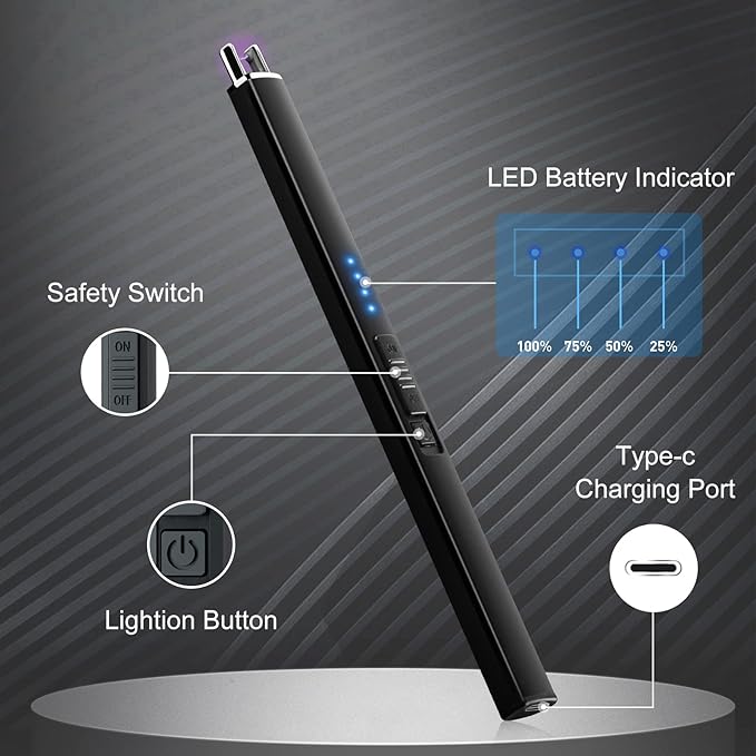 Electric Lighter, Rechargeable Candle Lighter, USB Lighter with Safe Button, Birthday Candles Sparklers, No Fuel Needed, Perfect for Grill Kitchen BBQ Camping (Black)