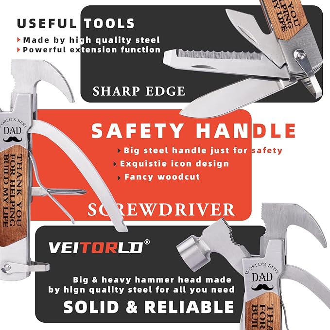 VEITORLD Gifts for Dad from Daughter Son Kids, Unique Birthday Gift Ideas for Men Him, All in One Tools Hammer Multitool with Engraved Wooden Box, Cool Gadgets(Dad Build My Life)