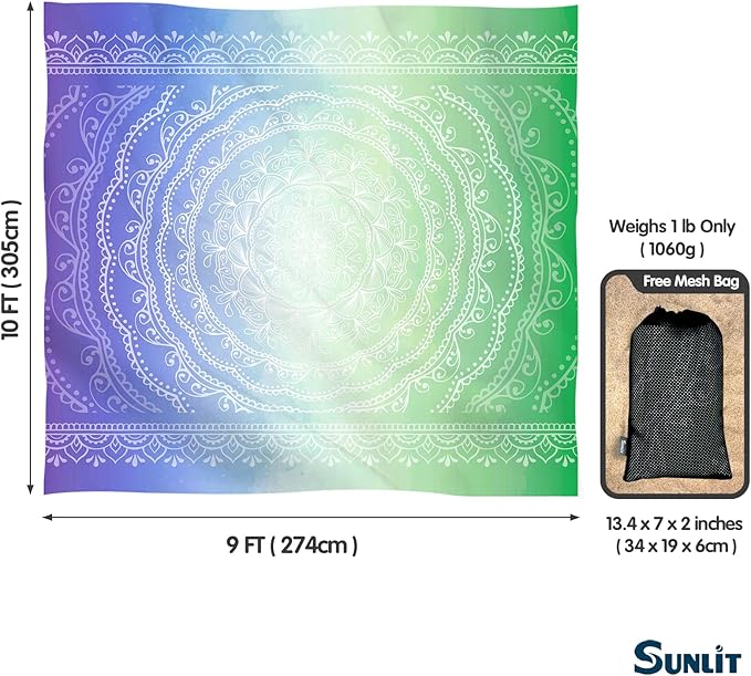 Sunlit 10'x9' Extra Large Boho Sand Proof Beach Blanket, Sand Proof Mat with Corner Pockets and Mesh Bag for Beach Party, Travel, Camping and Outdoor Music Festival, Blue Violet Sea Green Mandala