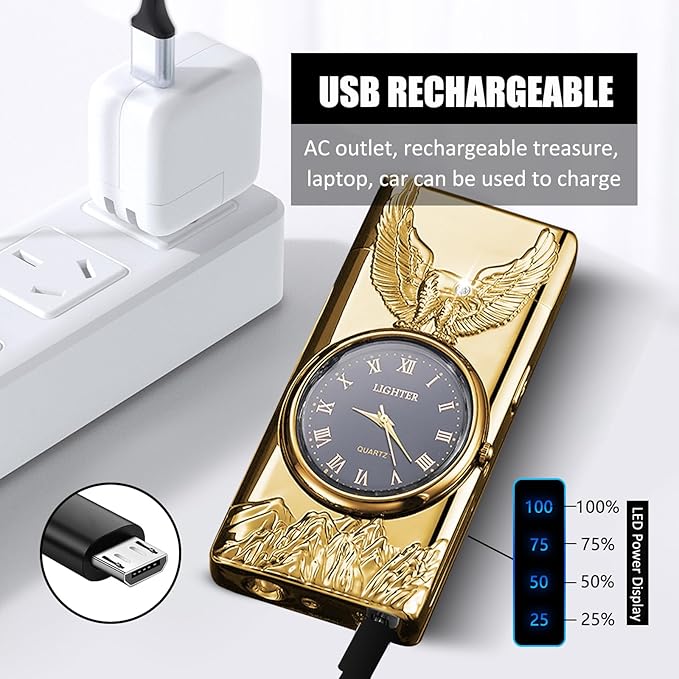 Cool Lighter with Clock Dial Electric Lighter with LED Power Display Plasma Lighter Windproof USB Rechargeable Lighter Gifts for Men Women (Eagle-Gold)
