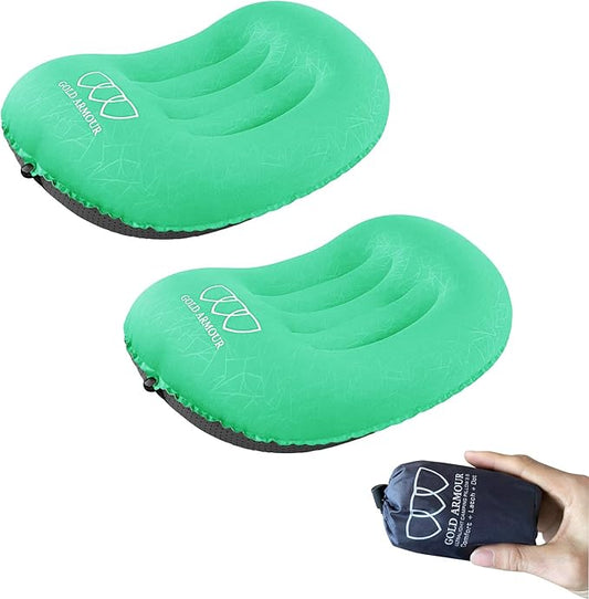 Gold Armour Inflatable Camping Pillow Backpacking Pillow Lightweight Travel Air Pillow Ultralight Ergonomic Pillow Portable for Airplanes with Neck & Lumbar Support (2 Pack) (Seafoam & Seafoam)