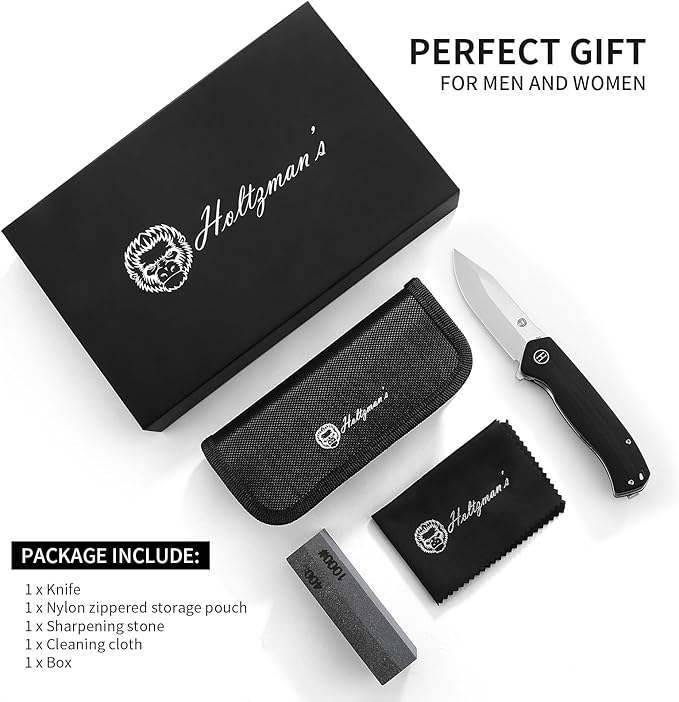 Holtzman's Gorilla Survival Folding Knife D2 Steel Blade G10 Handle Pocket Knife EDC Giftset for Men and Women (half stonewashed half silver blade + black handle)