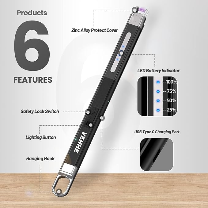 VEHHE Electric Lighter, Windproof & Flameless Candle Lighter Rechargeable USB, Arc Lighter with LED Display and Safe Button,Lighters for Candle BBQ Camping-Black