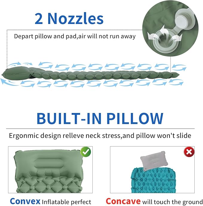 DDD Ultra-Light Inflatable Camping Sleeping Pad with its Built-in Foot Pump and Pillow - The Ultimate Camping pad, Hiking pad, Backpacking Pad and Lightweight for a Outdoor Sleep——Celadon