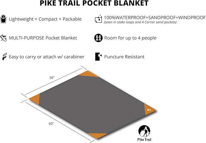 Pocket Blanket -Compact Picnic Blanket (60"x 56") - Sand Proof Beach Blanket / 100% Waterproof Ground Cover. Great Outdoor Blanket for Hiking, Camping, Picnics, Travel and Beach Trips!
