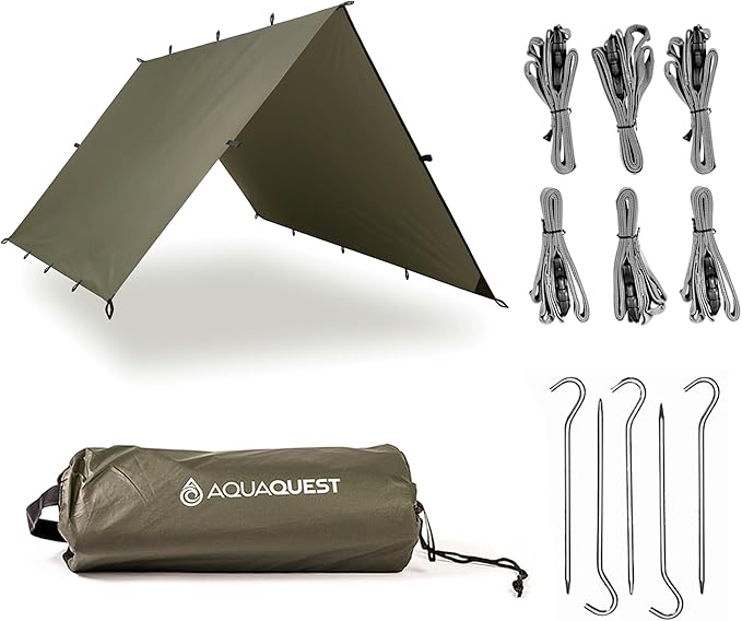 AquaQuest Defender Camping Tarp - Heavy Duty Tent Shelter or Rain Fly - Waterproof Camping Essentials for Hiking, Bushcraft & Hammock, 10 x 7 ft, Olive Drab Kit