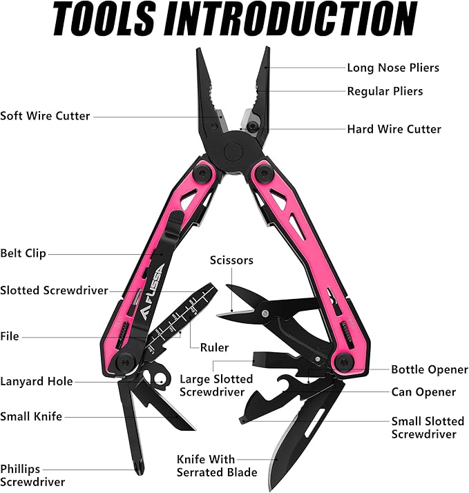 FLISSA 16-in-1 Multi Tool Pliers, Stainless Steel EDC Multitool with Pocket Knife, Belt Clip and Oxford Pouch, Self-locking Multipurpose Utility Multi-Tool for Camping Survival Outdoor Activities