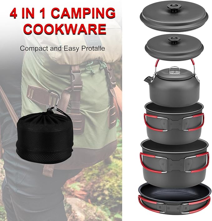 Alocs Camping Cookware Set,Durable Aluminum Camping Cooking Set, Compact Camping Pots and Pans Set with Kettle, Non-Stick Camping Pan Camping Essentials for Outdoor Cooking, Hiking, and Picnics.