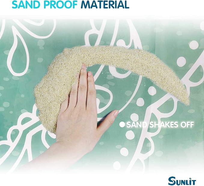 Sunlit Silky Soft 85"x72" Boho Sand Proof Beach Blanket Sand Proof Mat with Corner Pockets and Mesh Bag for Beach Party, Travel, Camping and Outdoor Music Festival, Tiffany Green Mandala