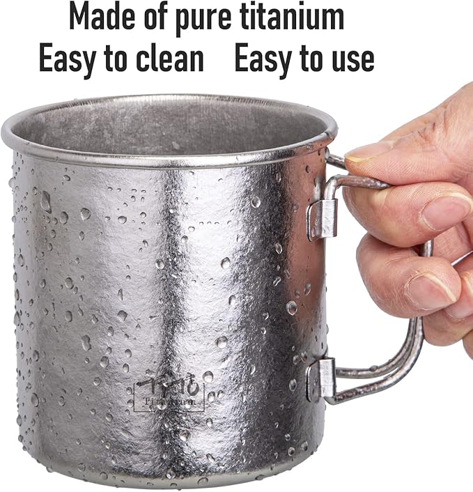 TiTo Titanium Cup Titanium Pot with Lid Ultralight Portable 450ml Foldable Handle Camping Tea Coffee Water Mug for Outdoor Backpacking Hiking Picnic Drinkware with Mesh Sack (Green)