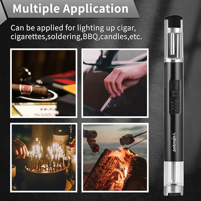 Ambrogio.L 1300 ℃ Jet Torch Lighter Pen Style Adjustable Flame Refillable Gas Cigar Cigarette Lighter Fire Starter with Visible Gas Window,Black