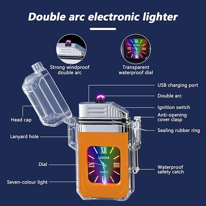 SKRFIRE Clear Waterproof Electric Lighter Rechargeable Plasma Double Arc Lighter Outdoor Windproof Flameless Lighter for Camping, Adventure, Survival (Orange)