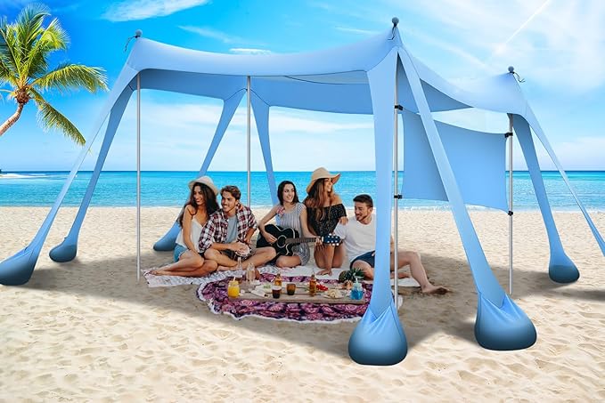 Large Beach Canopy UPF80+ Uv Protection Beach Tents Sun Shelter, Beach Shade Canopy with 8 Sandbags, 4 Stability Poles, Sand Shovel Ground Pegs for Outdoor Camping, Picnics (10x10ft, Sky Blue)