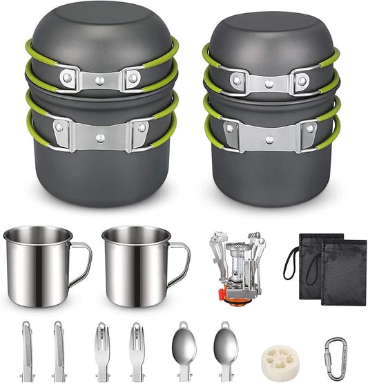 G4Free Camping Cookware Mess Kit 19 Pieces Hiking Backpacking Picnic Cooking Bowl Non Stick Pot Pan Knife Spoon Set 19PCS (Green)