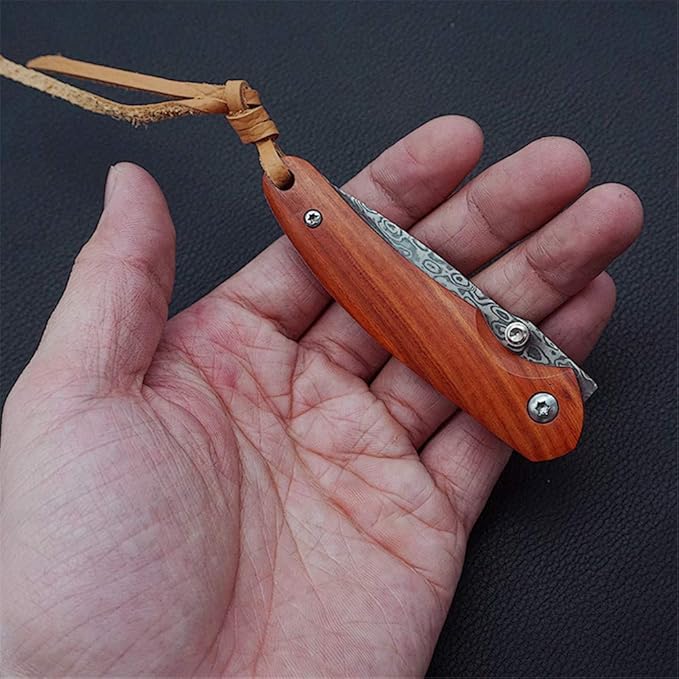 Folding Pocket Knife 2.6” Damascus Steel Blade and Natural Classic Red Sandalwood Handle Design, Outdoor EDC Portable Carry Keychain Knife