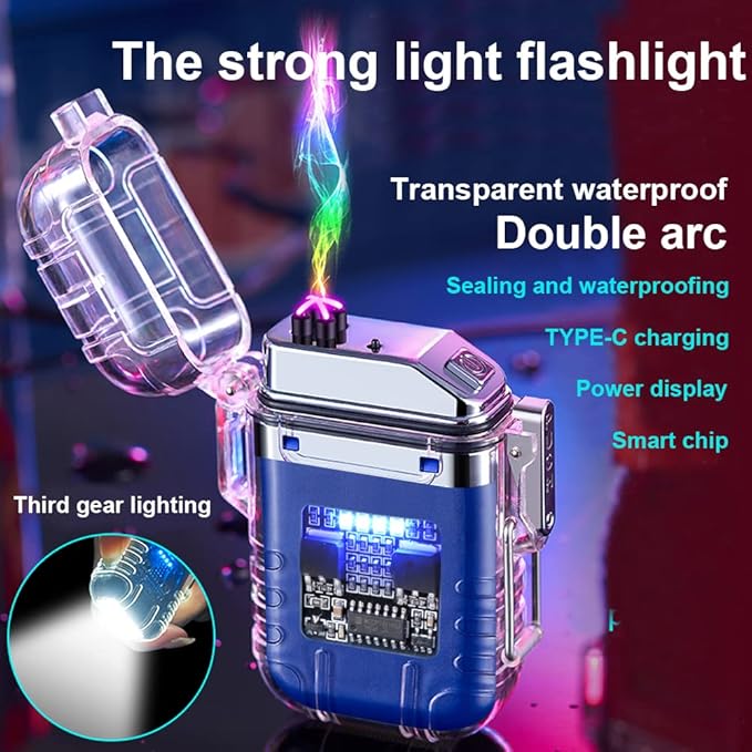 Electric Lighter Rechargeable Waterproof IP56 System Dual Arc Lighter with Flashlight LED Batterry Indicator Outdoor Windproof Lighter with Lanyard for Camping Survival Emergency