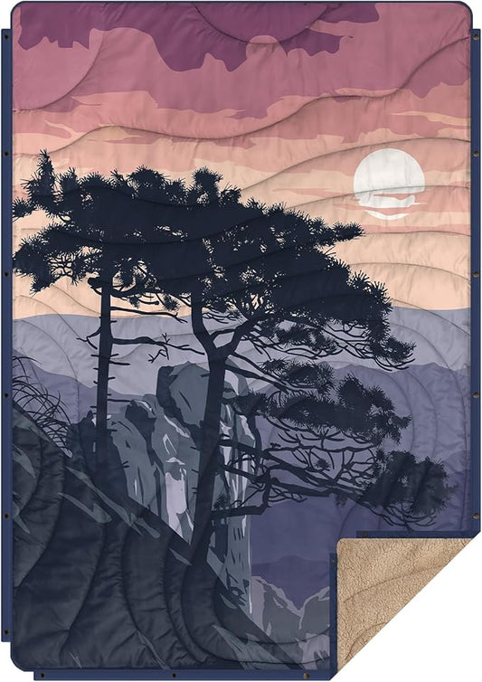 Outdoor Camping Blanket with Sherpa Lining, Extra Warm Thick Camp Blankets & Puffy Ultralight Soft Poncho DWR Camping Quilt for Cold Weather, Adventure,Sleeping,Backpacking 56"x 40"