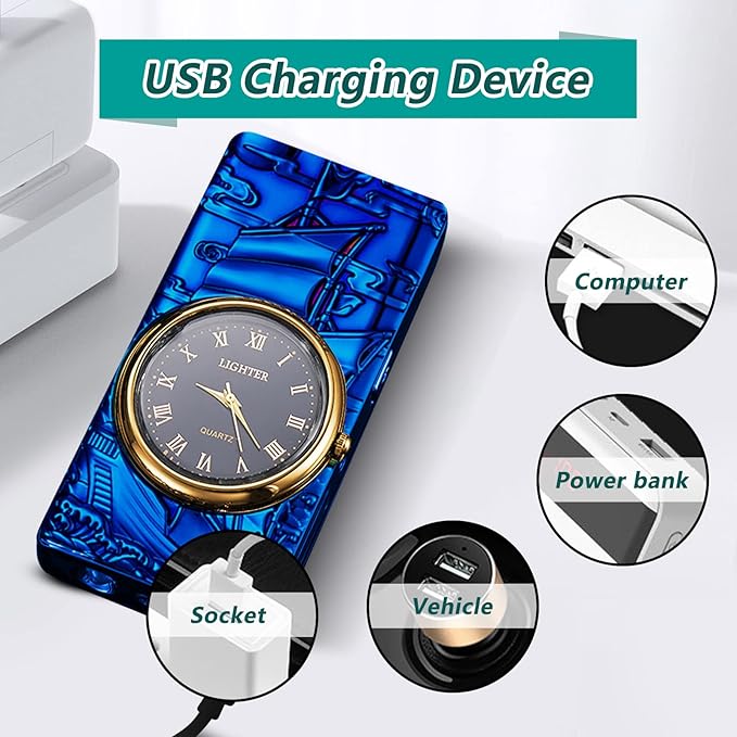 Electric Lighters Rechargeable Type c USB Lighter Windproof Flameless Plasma Dual arc Lighter Metal Cool Lighters with Clock dial Candle Lighters for Candle, Candlestick (Blue)