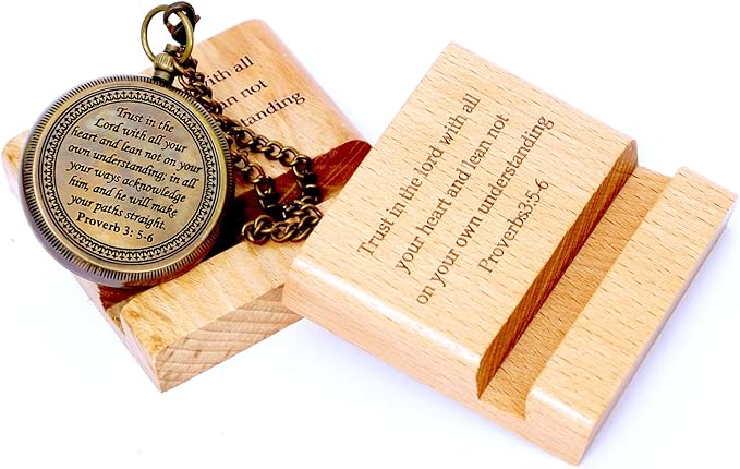 Trust in The Lord with All Your Heart - Proverbs 3: 5-6 Quote Engraved Compass with Wooden Stand, Christian Gift for Men for Women God's Compass Baptism Gifts | Graduation Gifts 2025 | Desk Decor