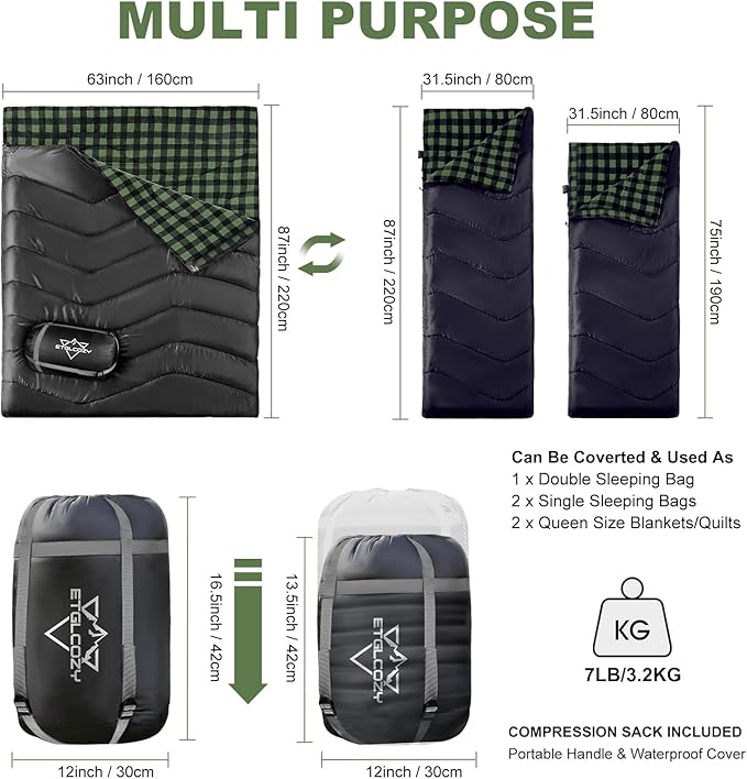 Double Sleeping Bag for Adults Kids Camping, XL Queen Size Sleeping Bags for 2 Person All Season Hiking Backpacking, Lightweight Waterproof with Compression Sack