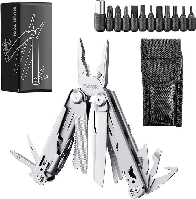 VEVOR 29-in-1 Multitool Pliers,Stainless Steel Multi Tool Pocket K-nife,Self-locking Multitool Pliers with Sheath & Replaceable Screwdrivers Bits -Perfect for Outdoor Survival, Camping, Hiking