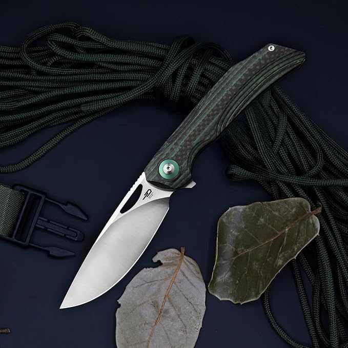 BESTECH KNIVES Pocket Folder Folding Knife: 3.54" 154CM Steel Satin Blade, Carbon Fiber and G10 Scales, Flipper, Liner Lock, EDC Titanium Clip, BL01C (Black Green)