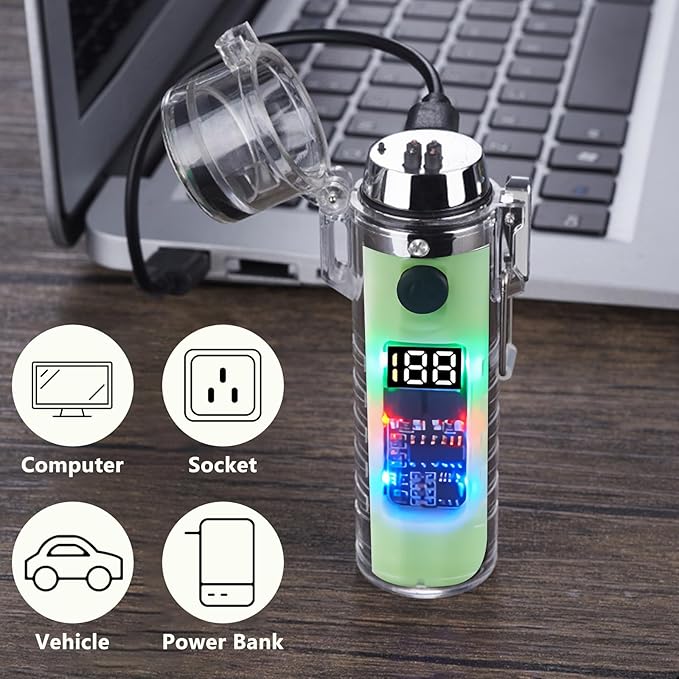 YOZWOO Electric Lighter USB Rechargeable Lighter Double Arc Plasma Lighter No Butane Lighter Compass Cool Lighter with Luminous LED Light for Adventure, Hiking, Survival Tactical Gear (Luminous)