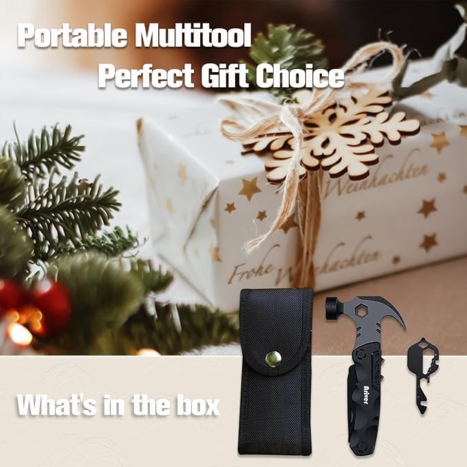 Multitool Camping Accessories, 13 in 1 Hammer Multitool and Key Shaped Pocket Tool, Survival Tool with screwdrivers, Safety Lock, Gifts for Him Men Husband Dad Boyfriend