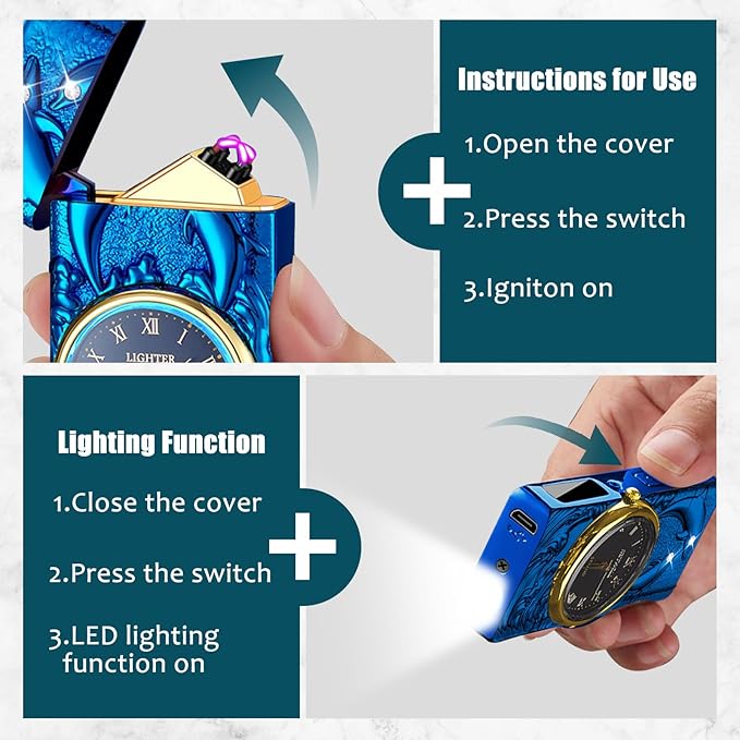 Electric Candle Lighter USB Rechargeable Lighter Plasma Arc Lighter Unique Cool Electronic Lighter with Clock Dial for Outdoor Grill, BBQ, Cooking (Blue Dolphin)