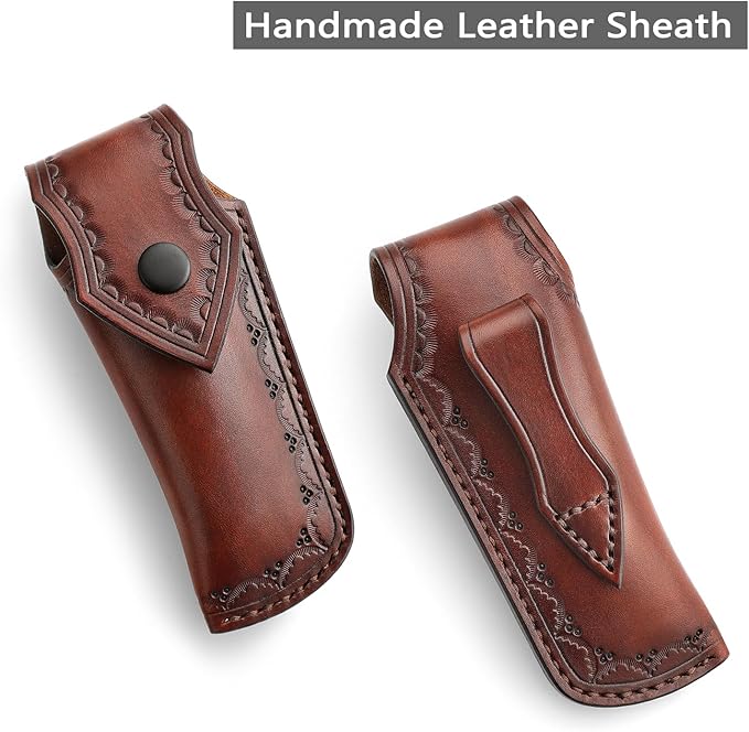 Handmade Damascus Steel Folding Hunting Knife with Leather Sheath,4.09'' Large Blade,Damascus and Bone Handle Pocket Knives for Men EDC Camping, Lepus-02