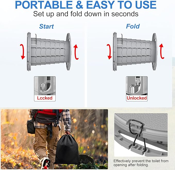 BLIKA Upgraded Retractable Portable Toilet with Cushion, 300LBS Adjustable Height Folding Toilet with Paper Holder, Travel Toilet Portable Camping Toilet, Soft Portable Toilet for Camping/Car, Gray