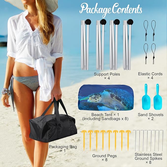 Rhino Valley Beach Tent Sun Shelter, Beach Canopy Tent Sun Shade UPF50+ Protection with 8 Sandbags 4 Stability Poles, Outdoor Beach Shade Canopy for Beach, Camping, Fishing