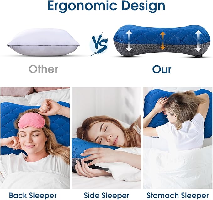 Inflatable Camping Pillow with Removable Cover - Ultralight Compact Camp Pillows for Sleeping, Backpacking, Hiking, Beach, Outdoor - Portable Blow Up Air Travel Pillow for Neck & Lumbar Support - Blue