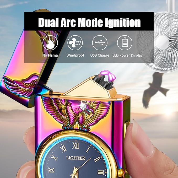Cool Lighter with Clock Dial Electric Lighter with LED Power Display Plasma Lighter Windproof USB Rechargeable Lighter Gifts for Men Women (Eagle-Magic)
