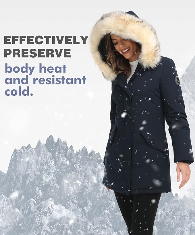 PUREMSX Duck Down Winter Coat for Women Insulated Long Thick Fur Hood Puffer Warm Parka Jacket