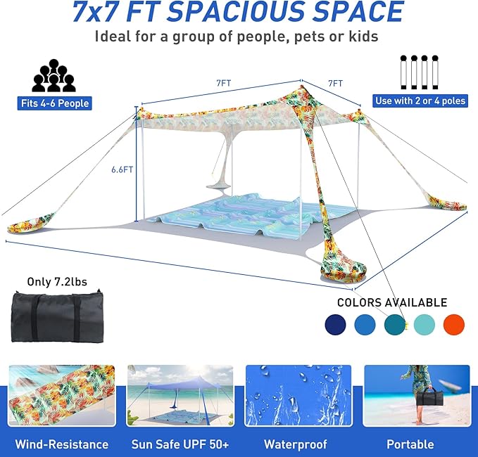 Beach Tent Pop Up Sun Shade Canopy Sun Shelter UPF50+ with 4 Stability Poles/Carry Bag/Ground Pegs/Sand Shovel/Windproof Ropes Portable Outdoor Family Sunshade for Beach Camping Fishing Picnic